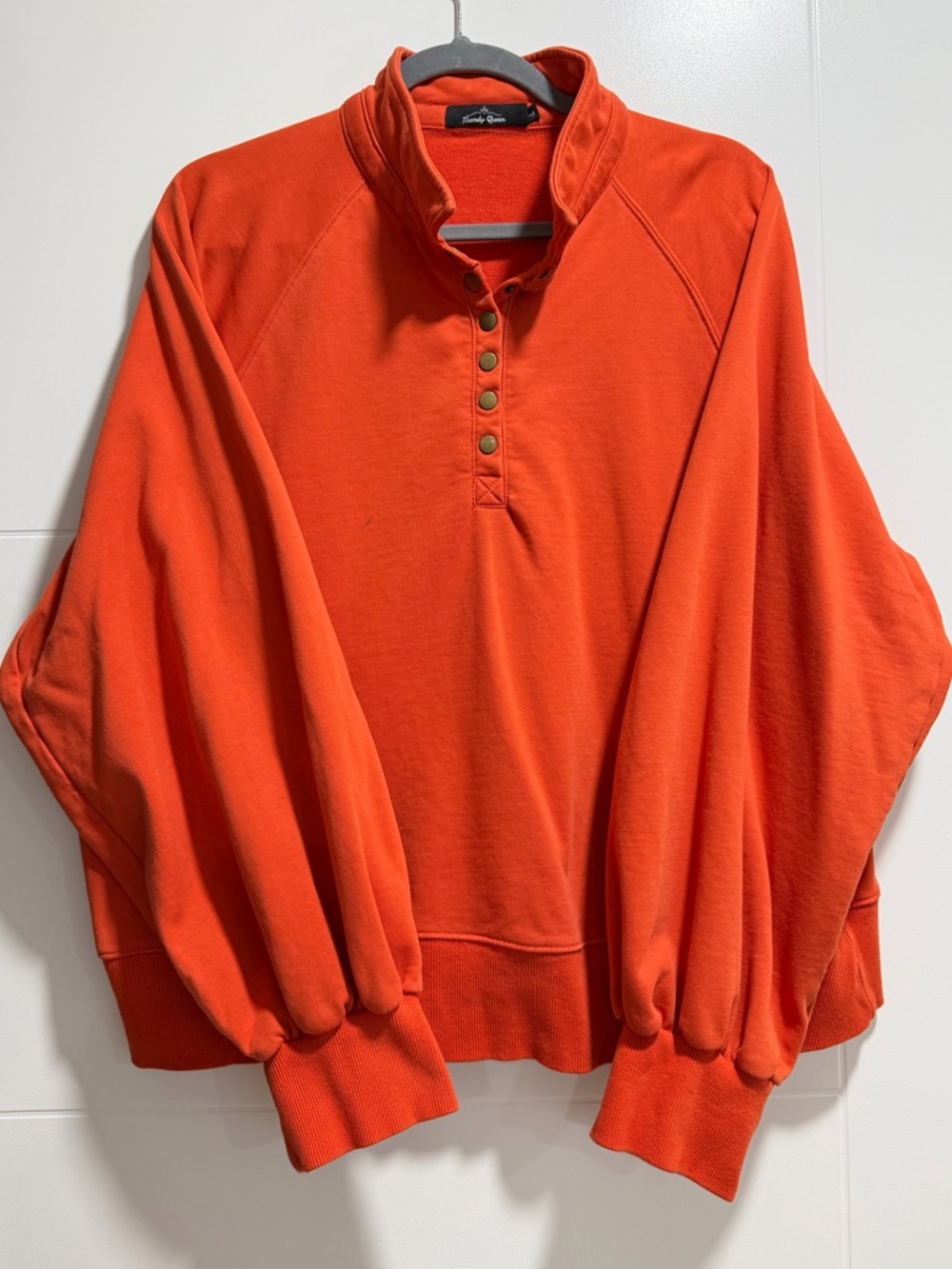 Trendy Queen Half Button Snap Collared Neck Orange Sweatshirt Women Size L